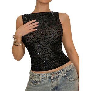 Women's Sequin Beaded Sleeveless Sheer Party Tank Top Clubwear Medium